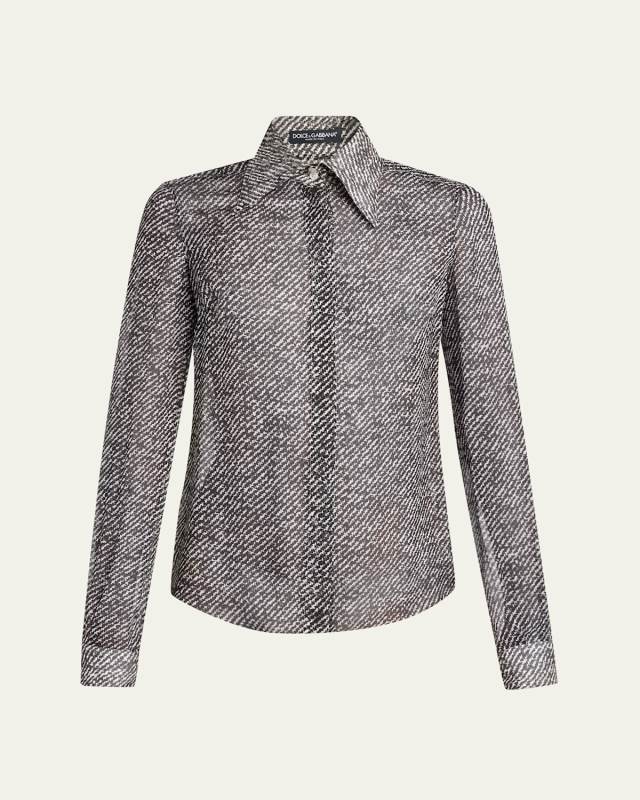 Boucle-Print Silk Chiffon Button-Down Shirt